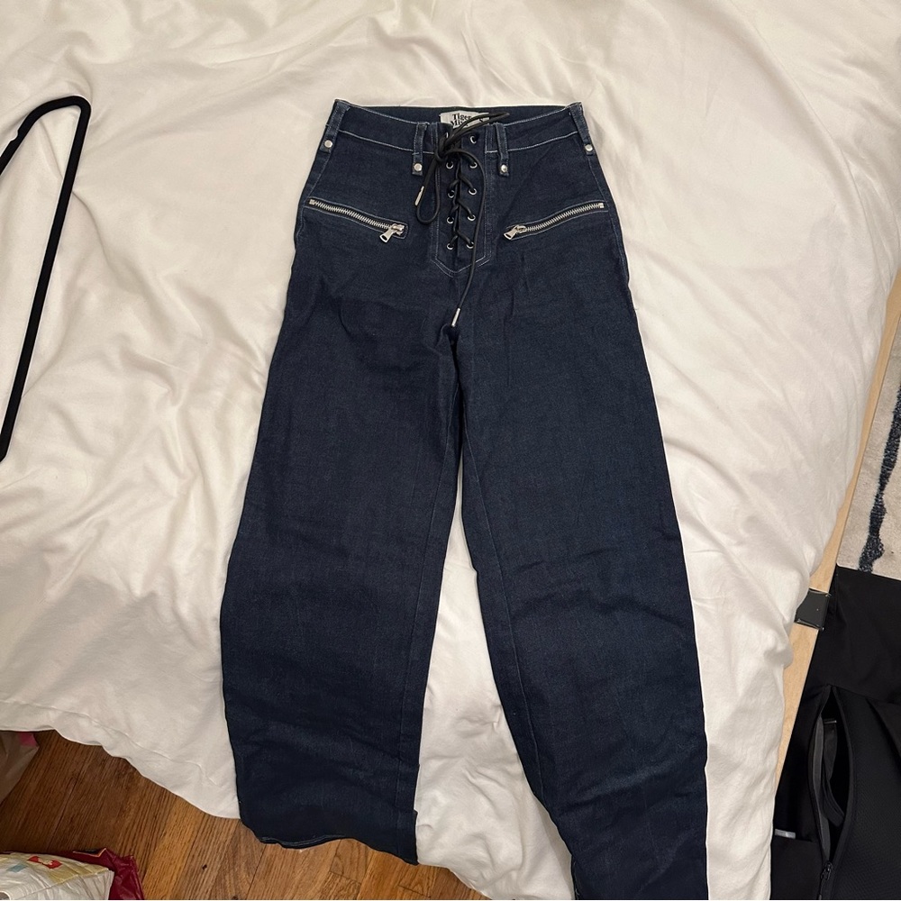 Tiger Mist Dark Blue Hight Waist Jeans with Lace Up & Zipper Details